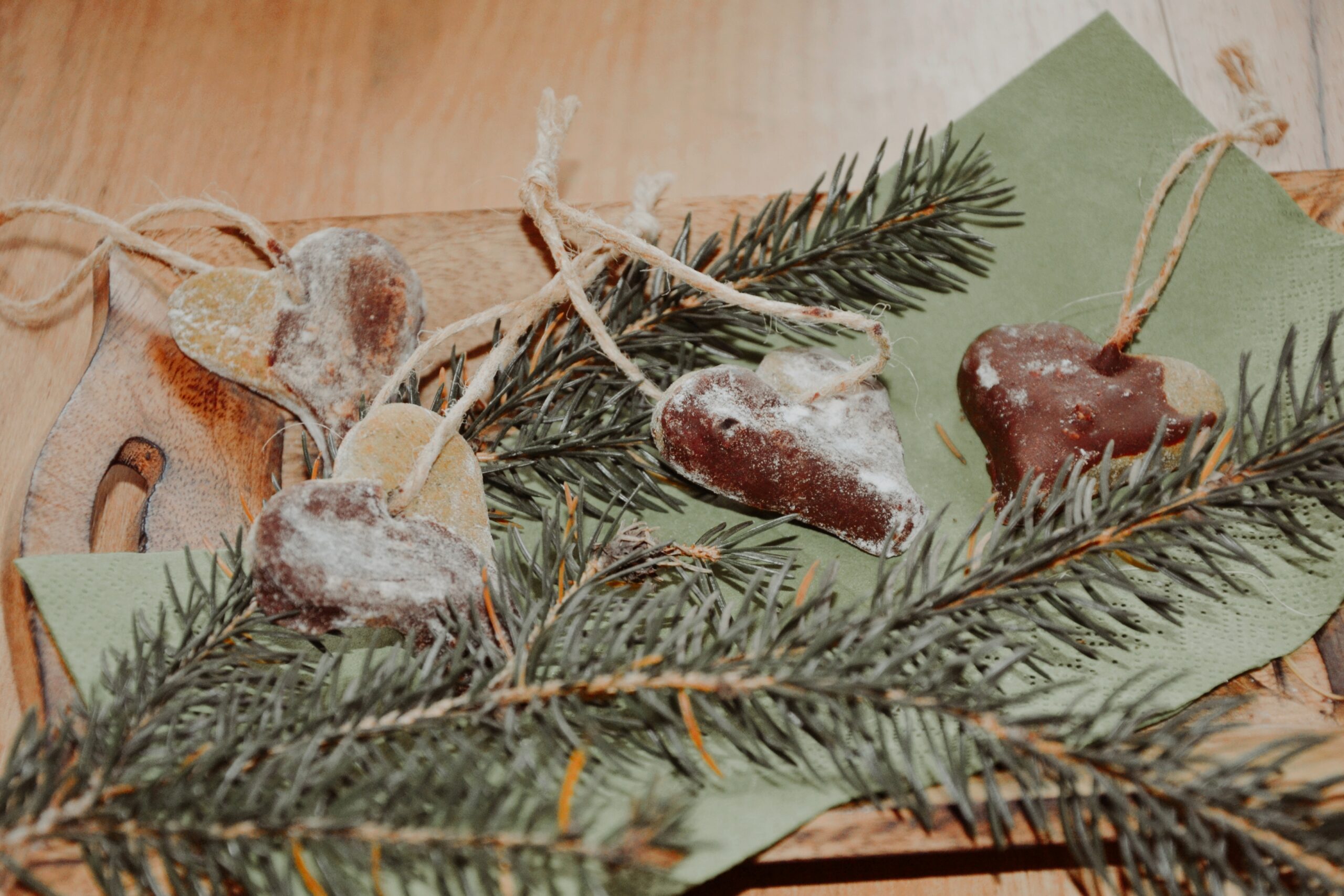 Selbstgemachte Lebkuchenherzen mit Schokoglasur und Staubzucker auf einem Tannenzweig