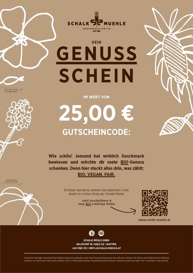 Gutscheinvorlage Genussschein der Schalk Mühle im Wert von 25 Euro