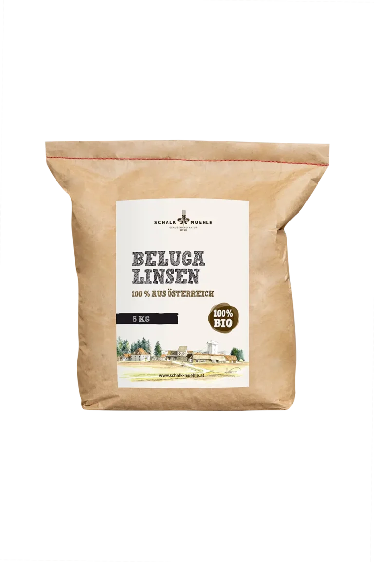 Schalk Mühle organic Beluga lentils 5 kg, front of the kraft paper sack from Austria