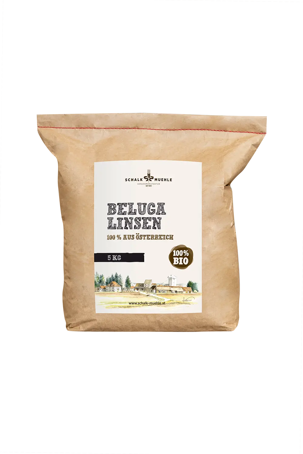 Schalk Mühle Organic Beluga Lentils 5 kg, front of the kraft paper sack from Austria