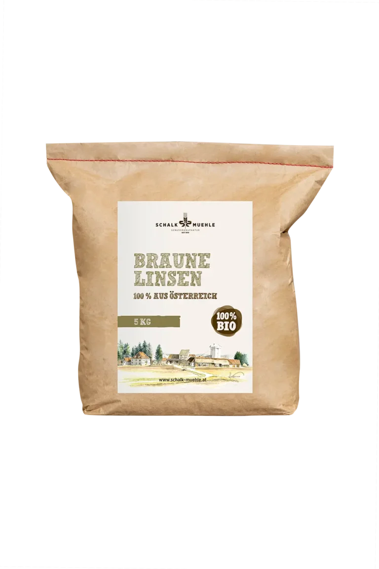 Schalk Mühle Bio Braune Linsen 5 kg, Vorderseite des Kraftpapiersacks aus Österreich