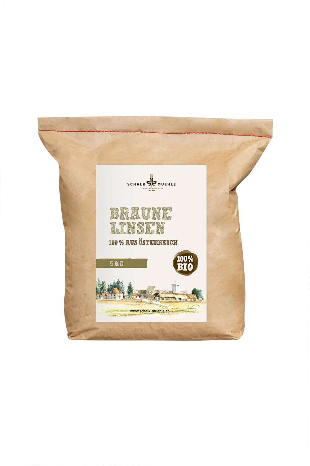 Schalk Mühle Organic Brown Lentils 5 kg, front of the kraft paper bag from Austria