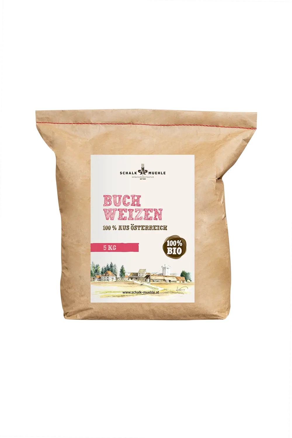 Schalk Mühle Bio Buchweizen 5 kg, Vorderseite des Kraftpapiersacks aus Österreich