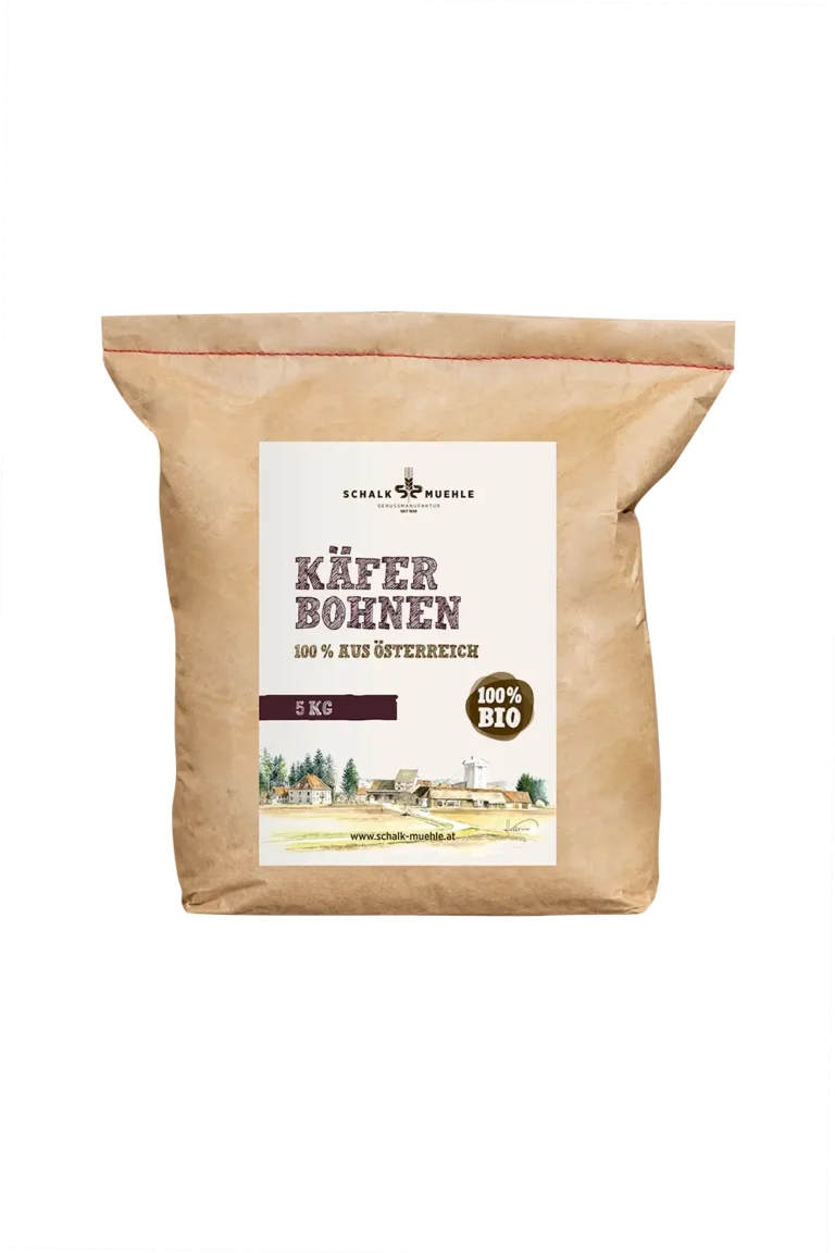 Schalk Mühle Bio Käferbohnen 5 kg, Vorderseite des Kraftpapiersacks aus Österreich