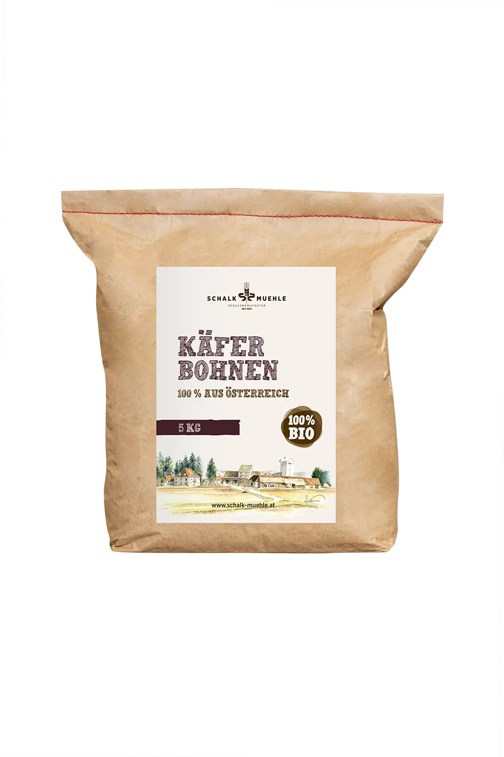 Schalk Mühle Bio Käferbohnen 5 kg, Vorderseite des Kraftpapiersacks aus Österreich