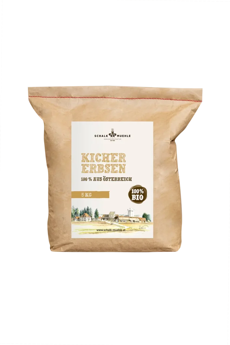 Schalk Mühle Organic Chickpeas 5 kg, front of the kraft paper bag from Austria