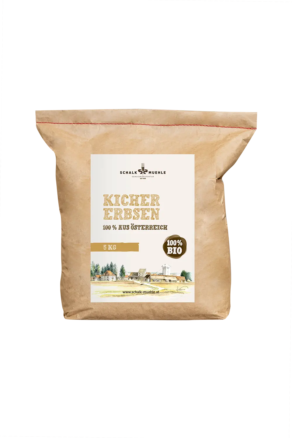 Schalk Mühle Bio Kichererbsen 5 kg, Vorderseite des Kraftpapiersacks aus Österreich