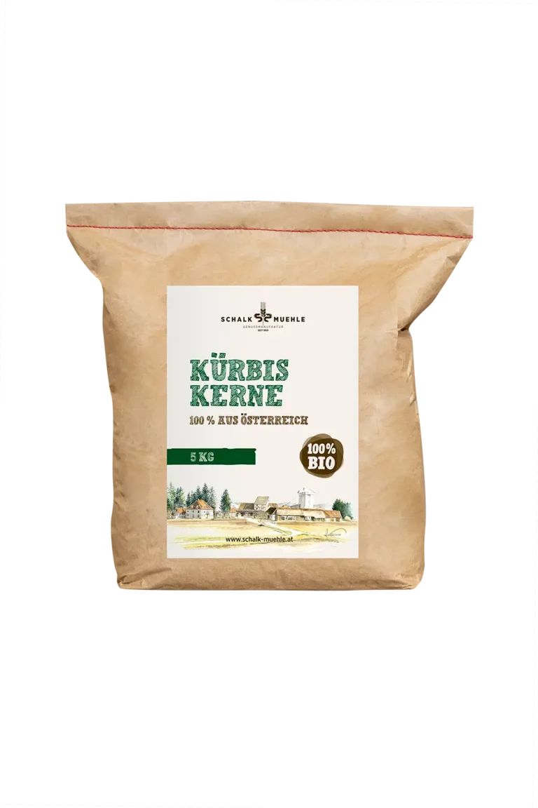 Schalk Mühle organic pumpkin seeds 5 kg, front of kraft paper bag from Austria
