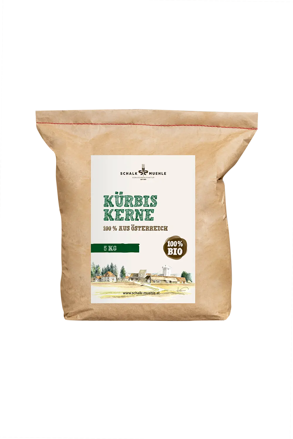 Schalk Mühle organic pumpkin seeds 5 kg, front of the kraft paper sack from Austria