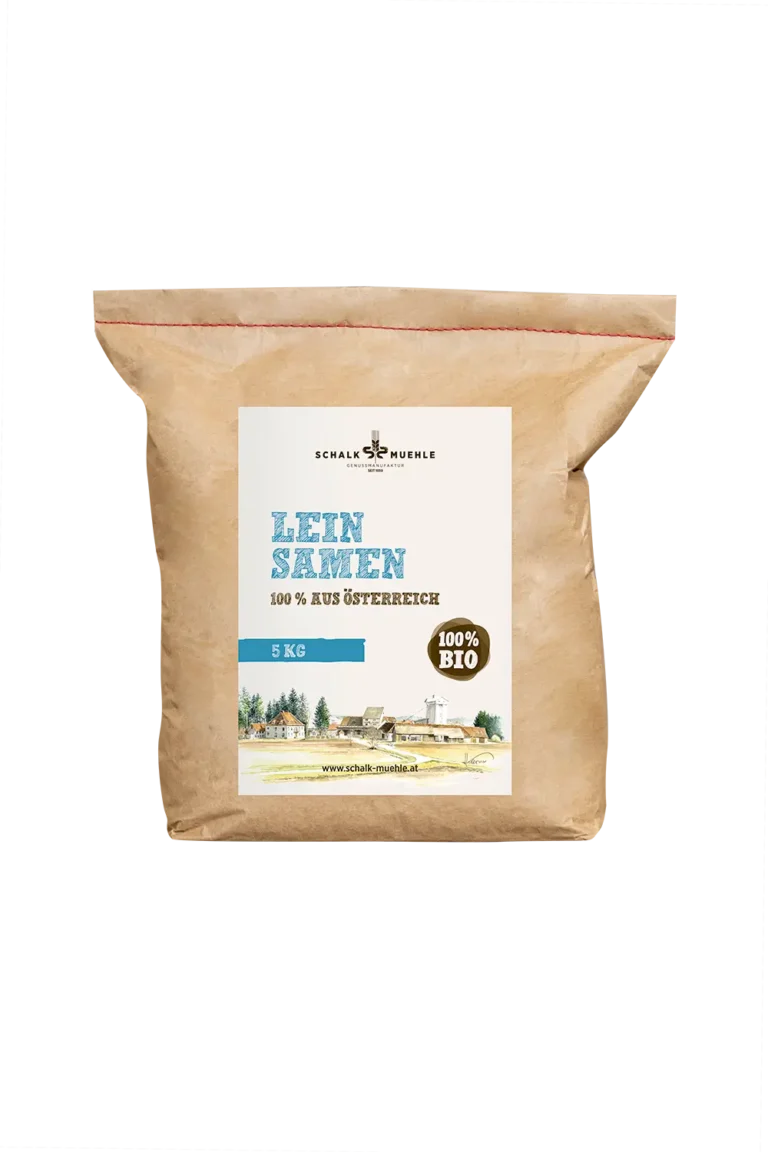 Schalk Mühle organic flaxseeds 5 kg, front of the kraft paper bag from Austria
