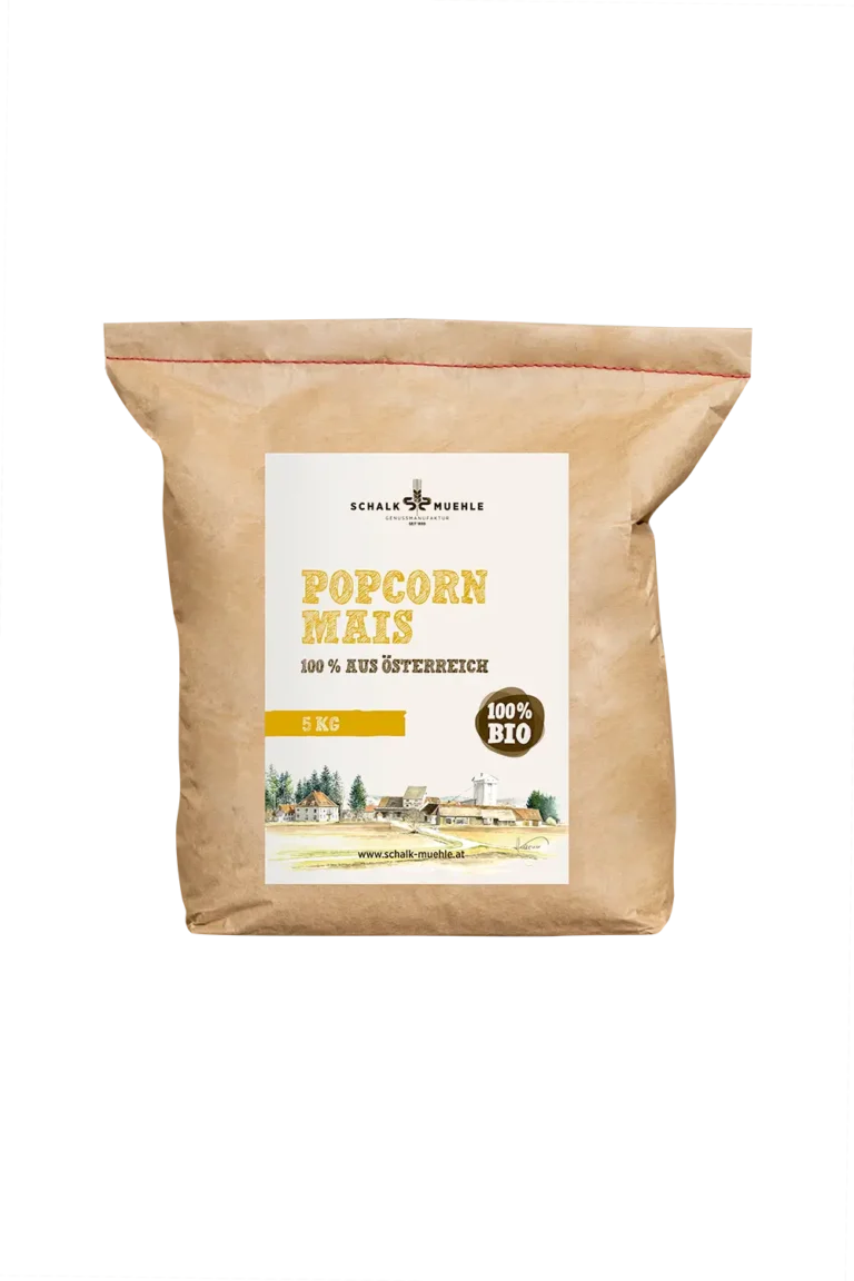 Schalk Mühle organic popcorn maize 5 kg, front of the kraft paper sack from Austria