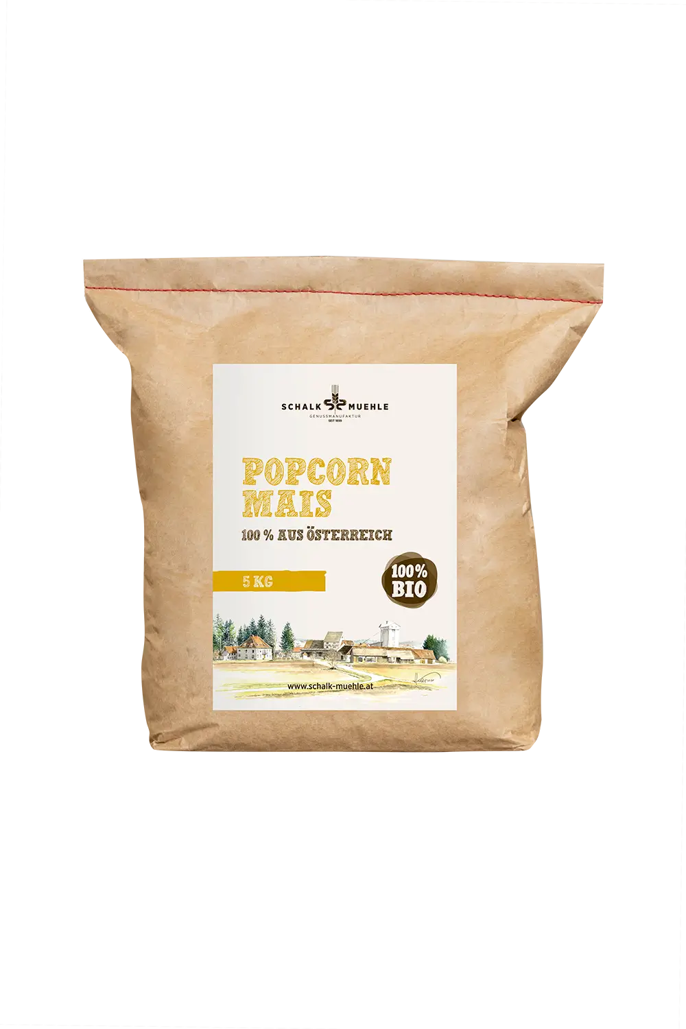 Schalk Mühle Bio Popcorn Mais 5 kg, Vorderseite des Kraftpapiersacks aus Österreich