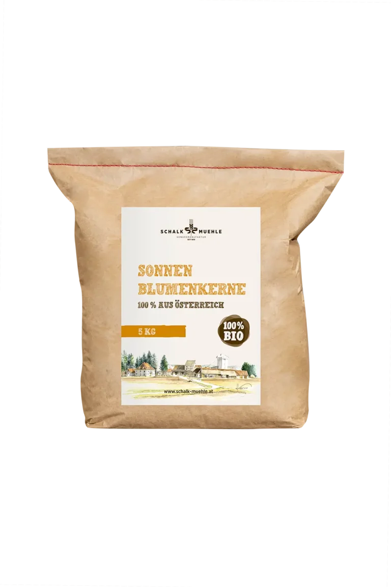 Schalk Mühle Organic Sunflower Kernels 5 kg, front of kraft paper sack from Austria