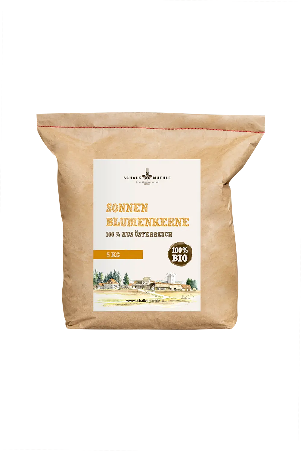 Schalk Mühle organic sunflower kernels 5 kg, front of the kraft paper sack from Austria