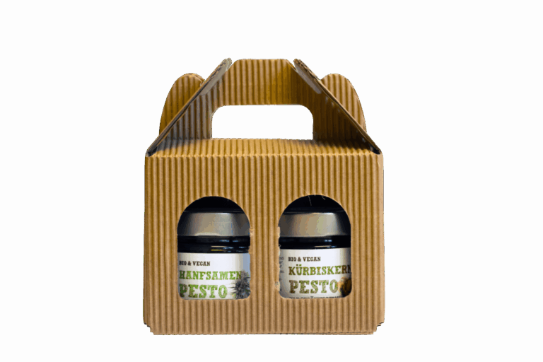 Geschenkkarton mit Schalk Mühle Bio Hanfsamen-Pesto und Kürbiskern-Pesto
