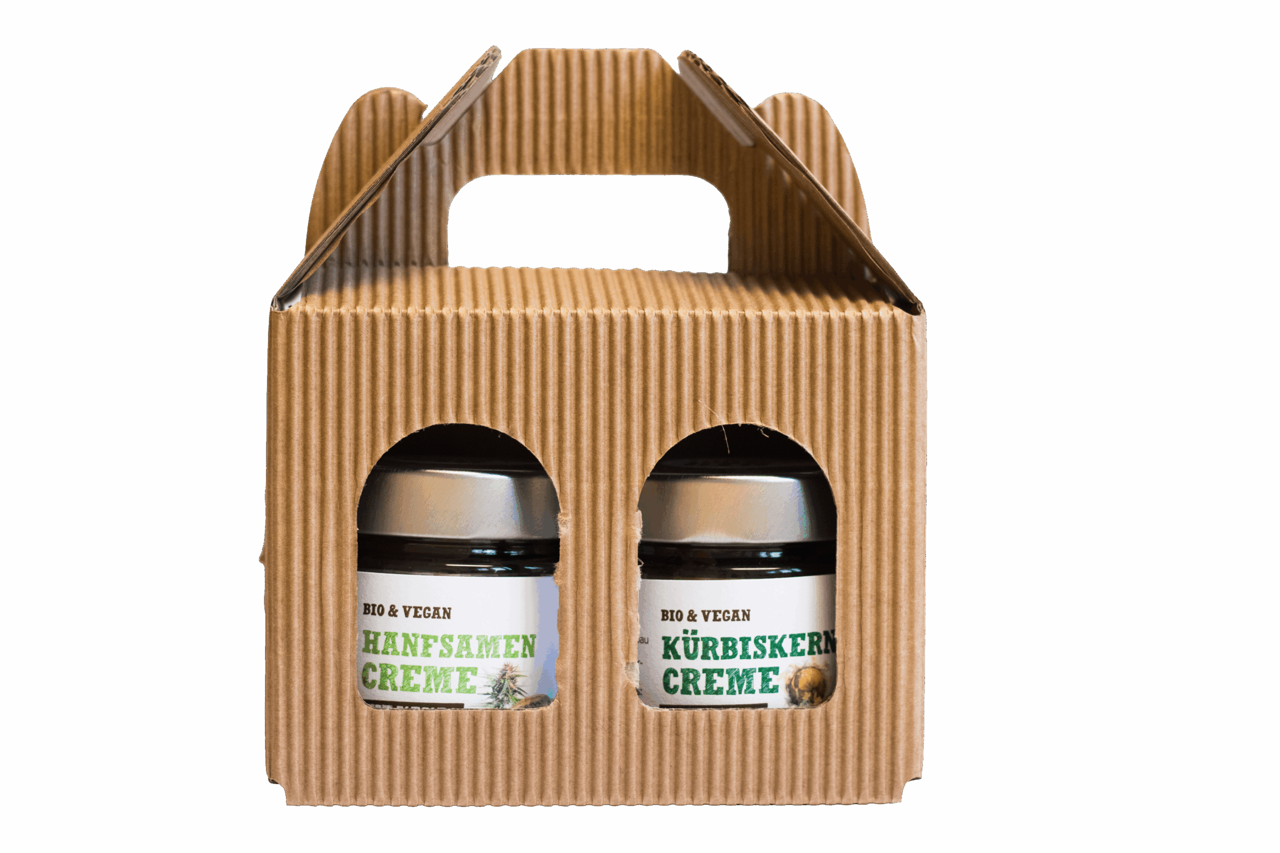Geschenkkarton mit Schalk Mühle Bio Hanfsamen-Creme und Kürbiskern-Creme mit Kakao
