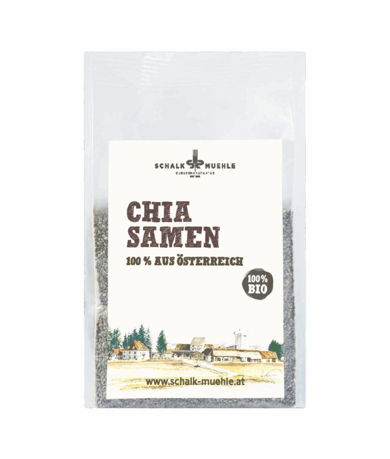 Schalk Mühle Bio Chiasamen, Vorderseite der 300-g-Packung, 100 % aus Österreich