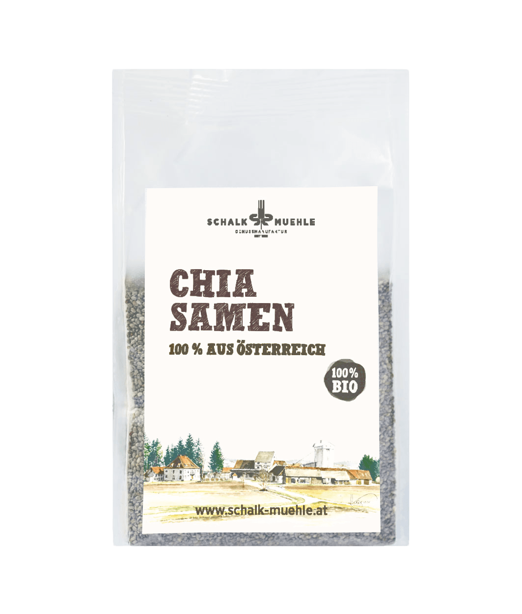 Schalk Mühle organic chia seeds, front of 300 g package, 100% from Austria