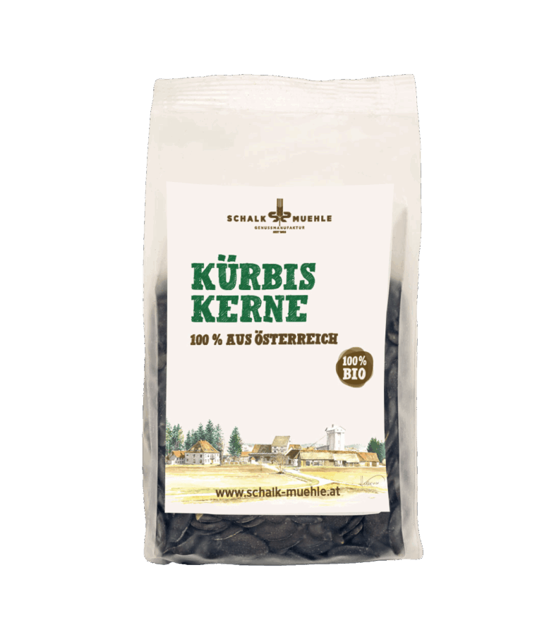 Schalk Mühle Bio Kürbiskerne, Vorderseite der 300-g-Packung, 100 % aus Österreich