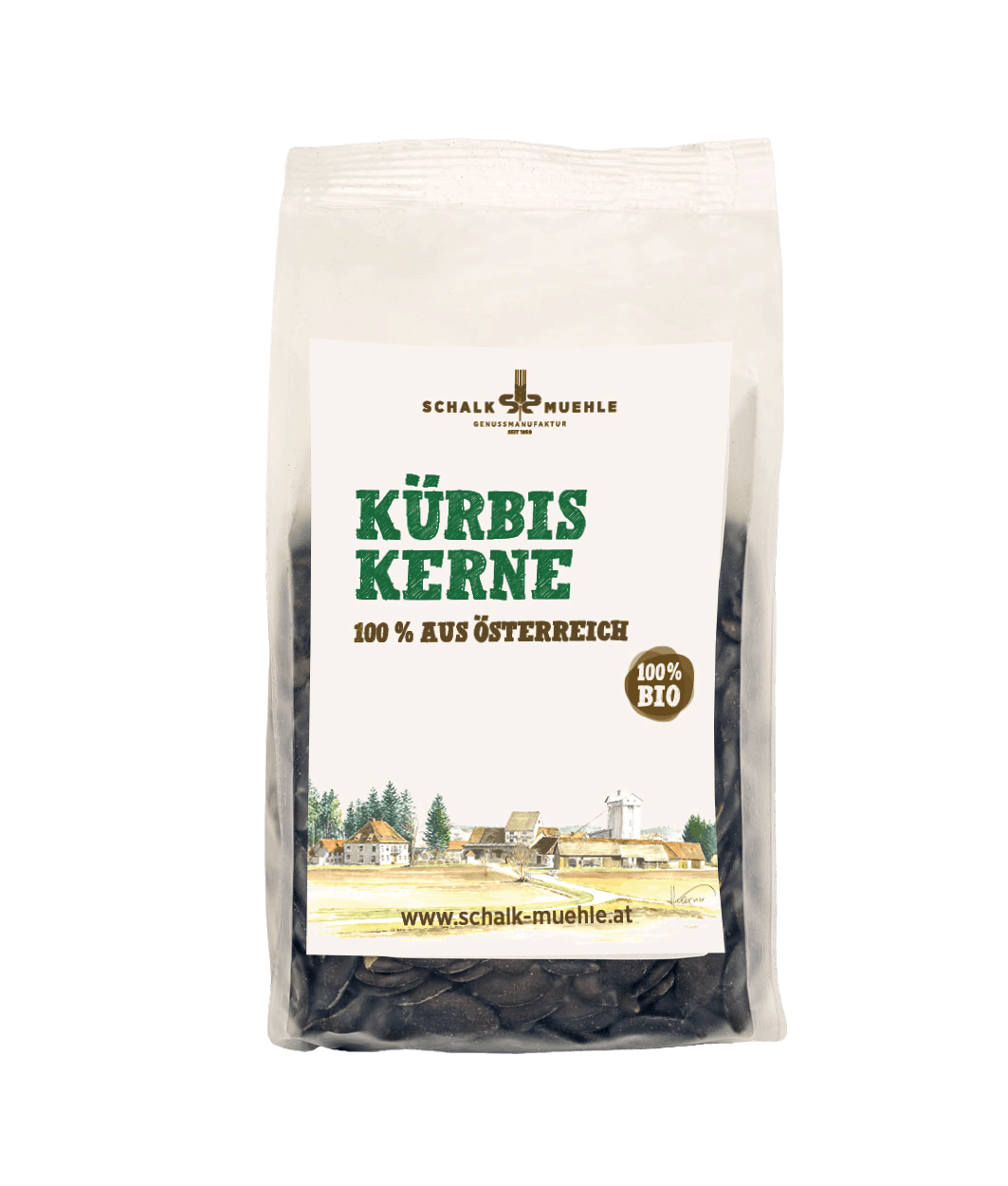 Schalk Mühle organic pumpkin seeds, front of the 300 g pack, 100% from Austria