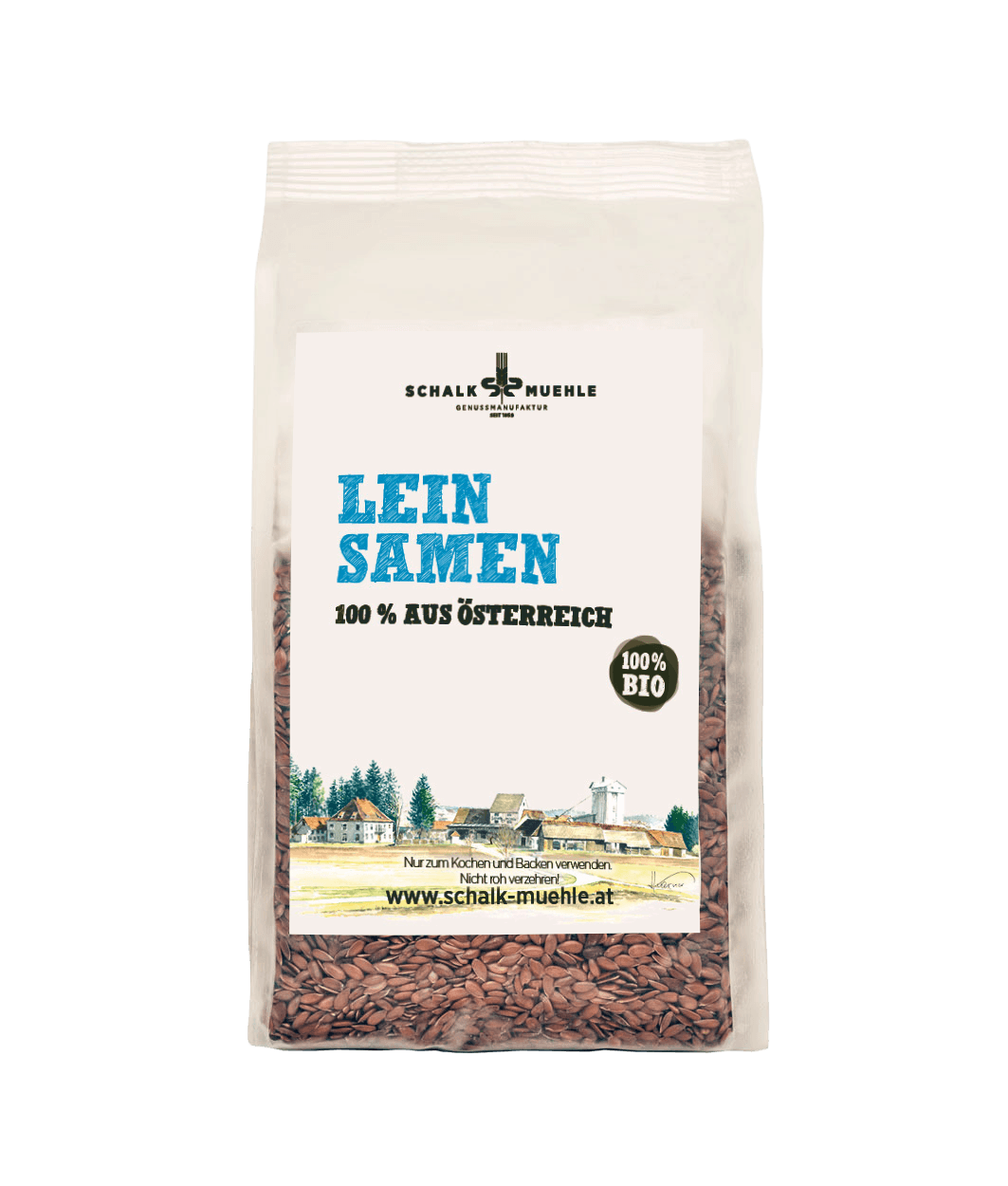 Schalk Mühle organic flax seeds, front of 300 g package, 100% from Austria
