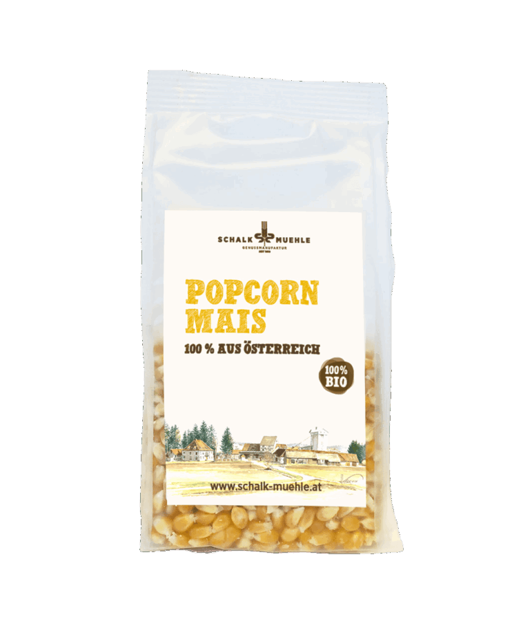 Schalk Mühle Bio Popcorn-Mais, Vorderseite der 300-g-Packung, 100 % aus Österreich