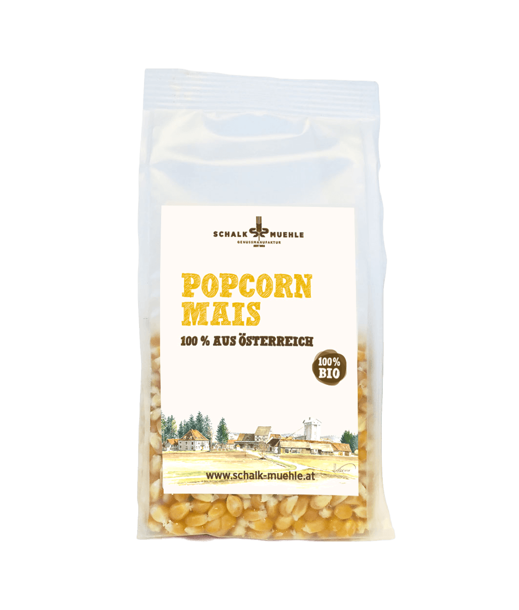Schalk Mühle organic popcorn corn, front of the 300 g pack, 100% from Austria