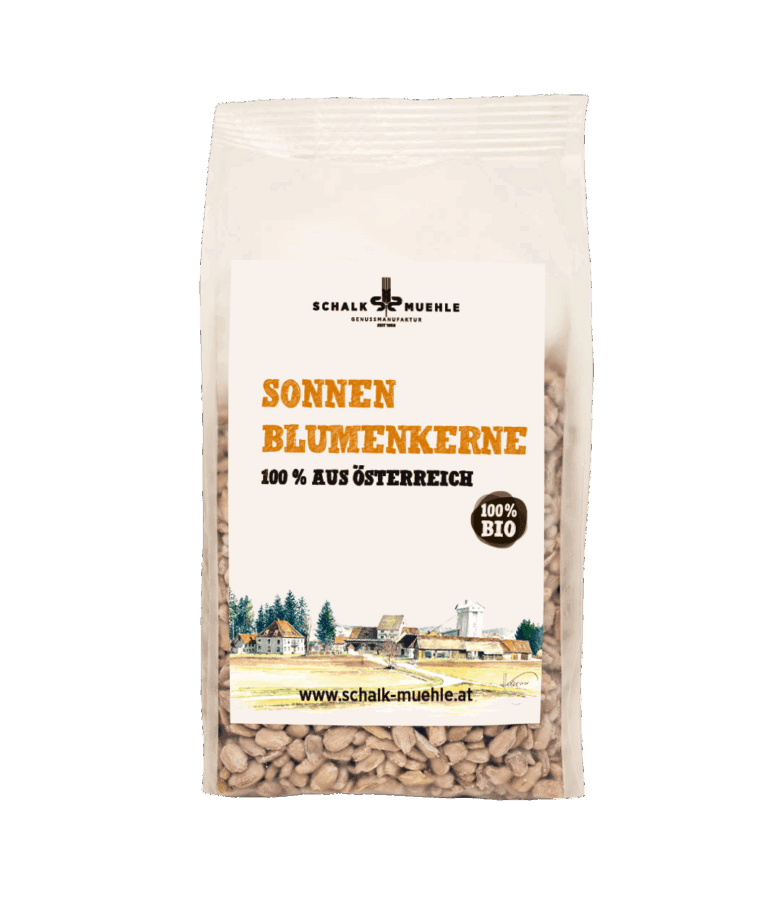 Schalk Mühle Bio Sonnenblumenkerne, Vorderseite der 300-g-Packung, 100 % aus Österreich