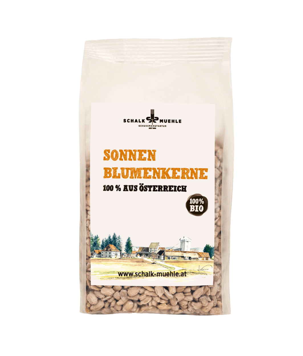 Schalk Mühle organic sunflower kernels, front of the 300 g pack, 100% from Austria