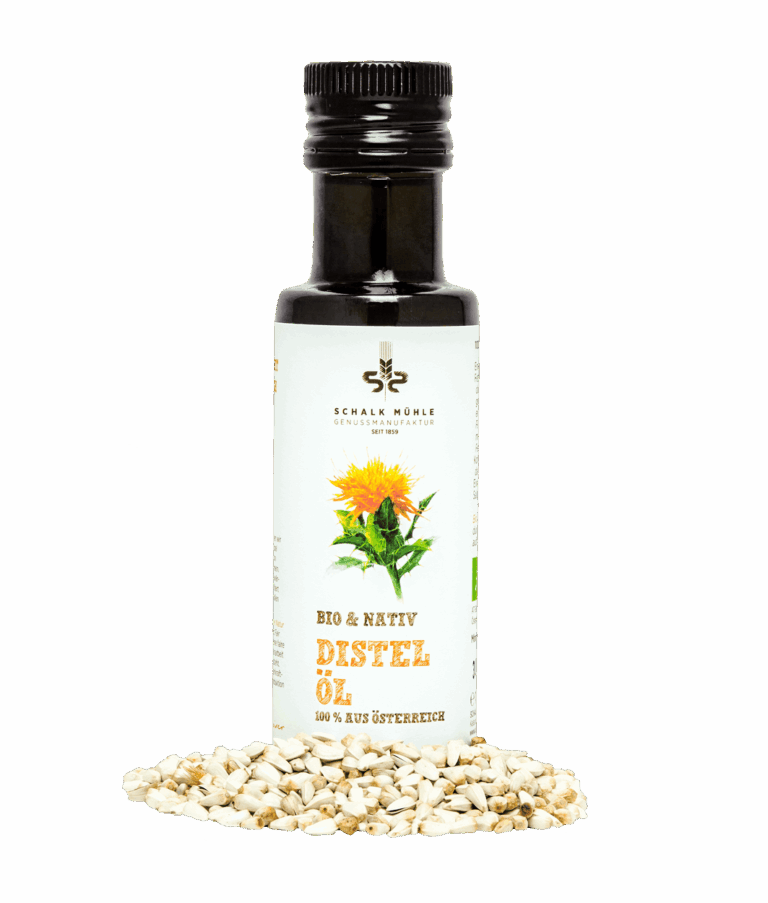 Schalk Mühle Bio Distelöl nativ, Flasche mit Distelsaaten, Vorderseite