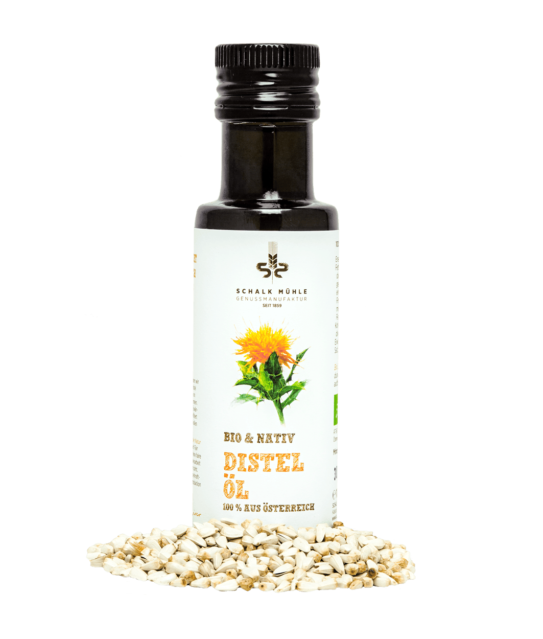 Schalk Mühle Bio Distelöl nativ, Flasche mit Distelsaaten, Vorderseite