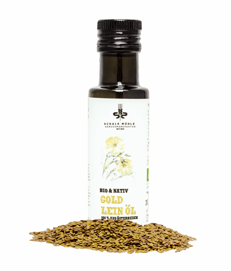 Schalk Mühle Bio Goldleinöl nativ, Flasche mit goldenen Leinsamen, Vorderseite