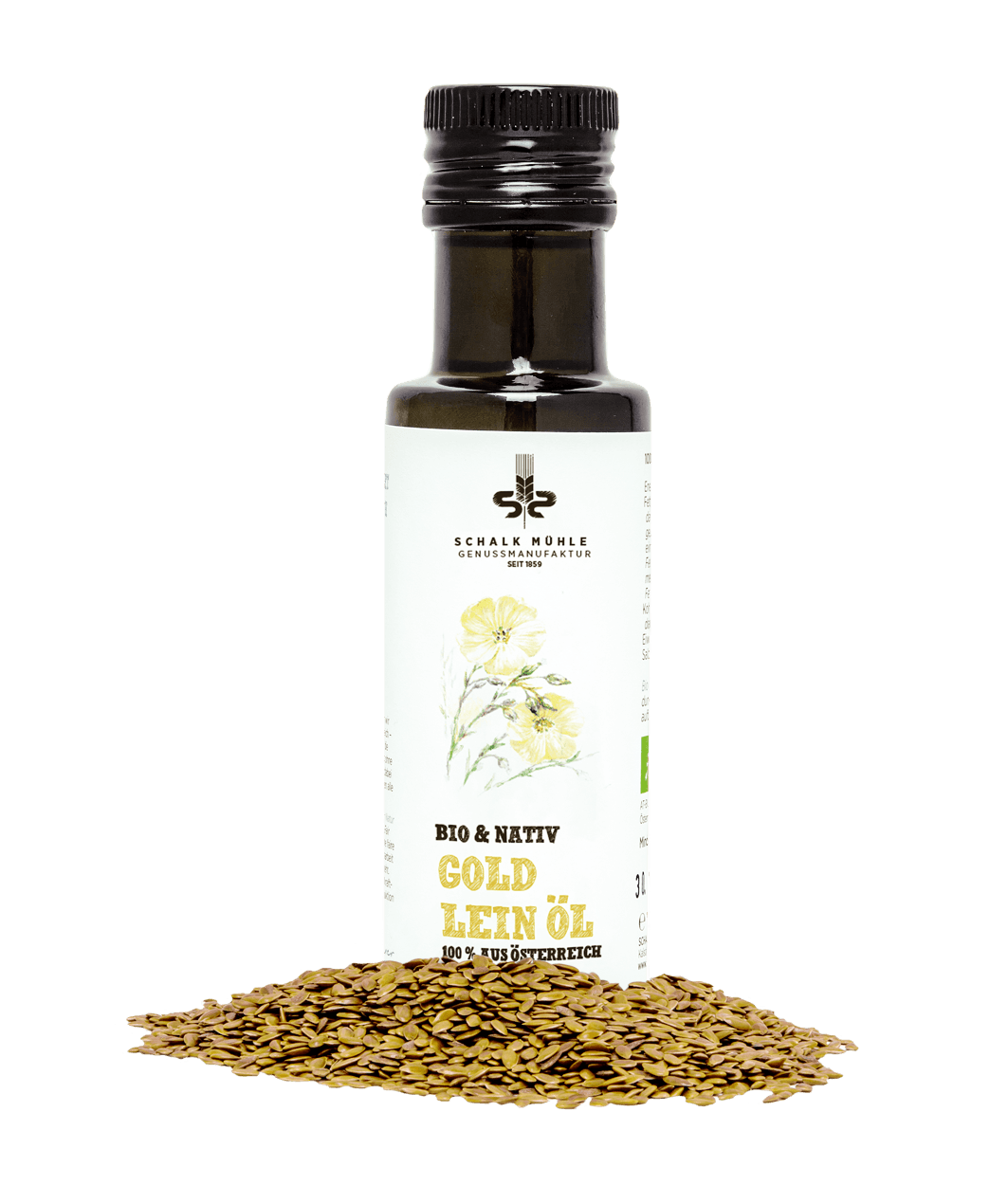 Schalk Mühle Bio Goldleinöl nativ, Flasche mit goldenen Leinsamen, Vorderseite