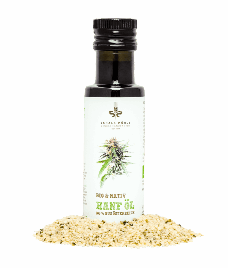 Schalk Mühle Bio Hanföl nativ, Flasche mit geschälten Hanfsamen, Vorderseite