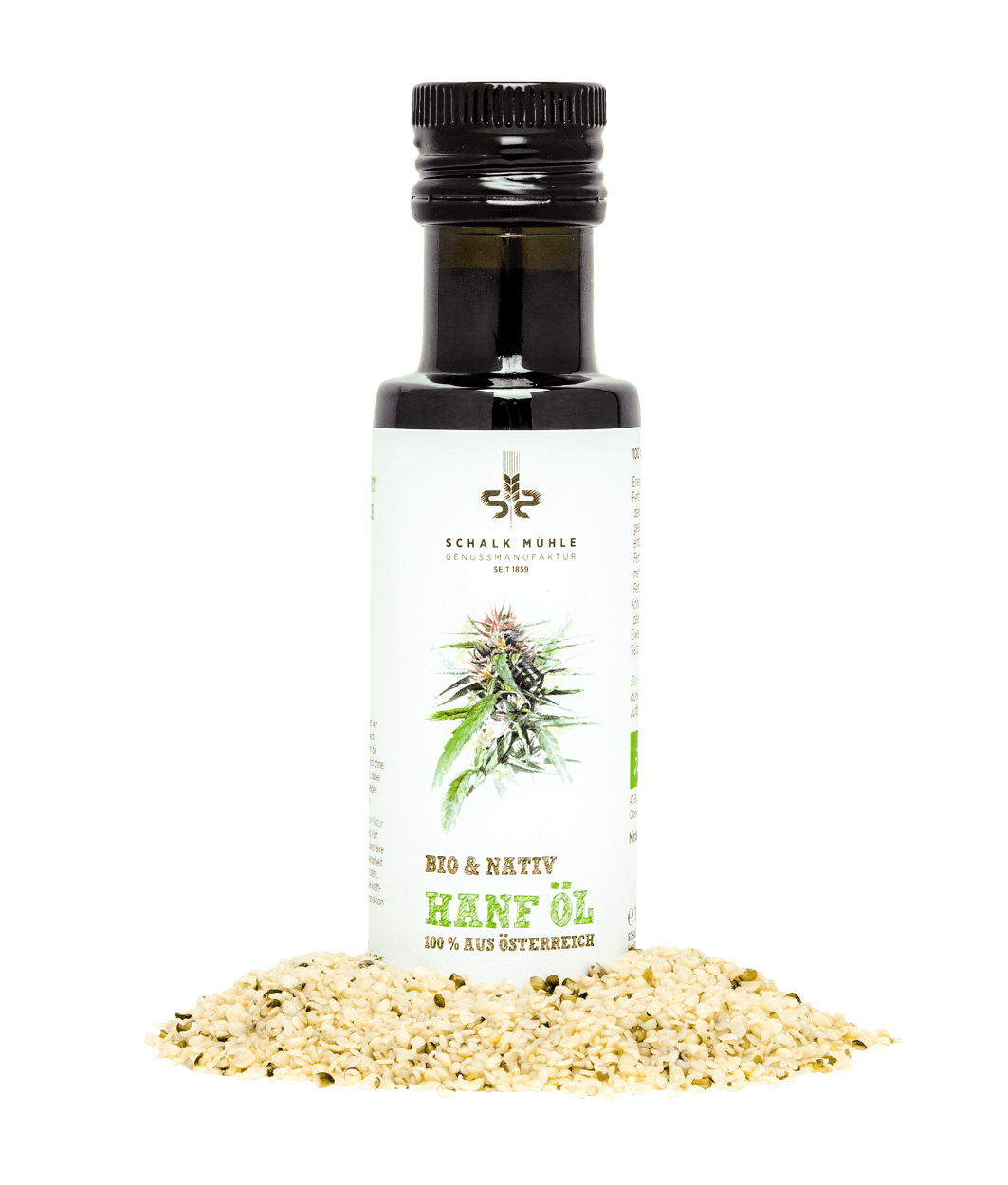 Schalk Mühle Bio Hanföl nativ, Flasche mit geschälten Hanfsamen, Vorderseite