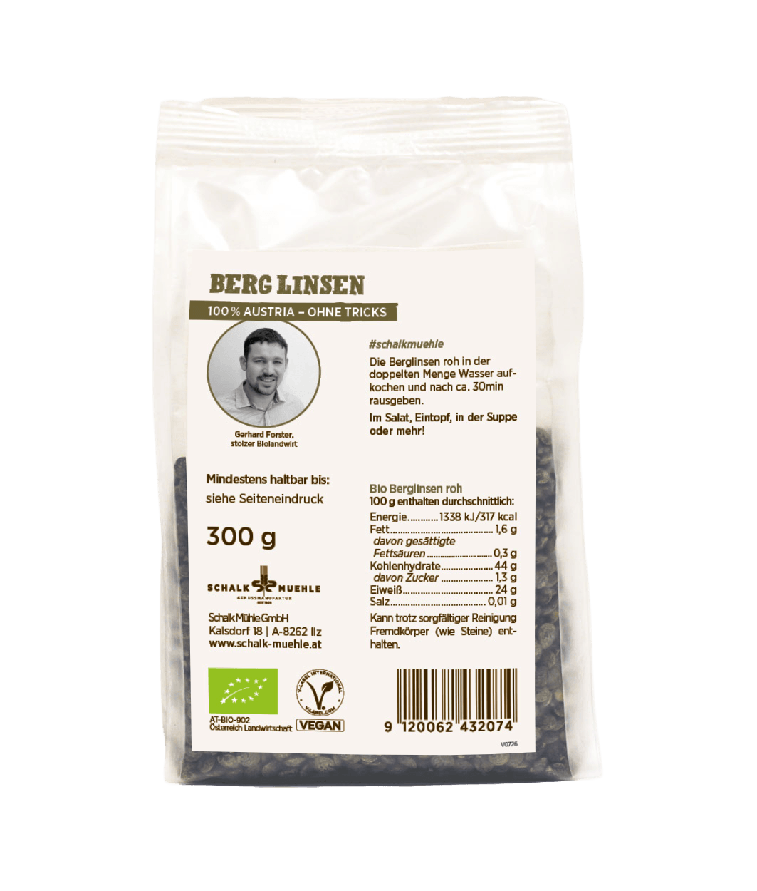 Schalk Mühle Bio Berg Linsen 300 g, Rückseite mit Zutaten und Nährwertangaben