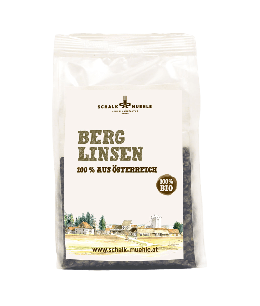 Schalk Mühle Bio Berg Linsen 300 g, Vorderseite der Packung