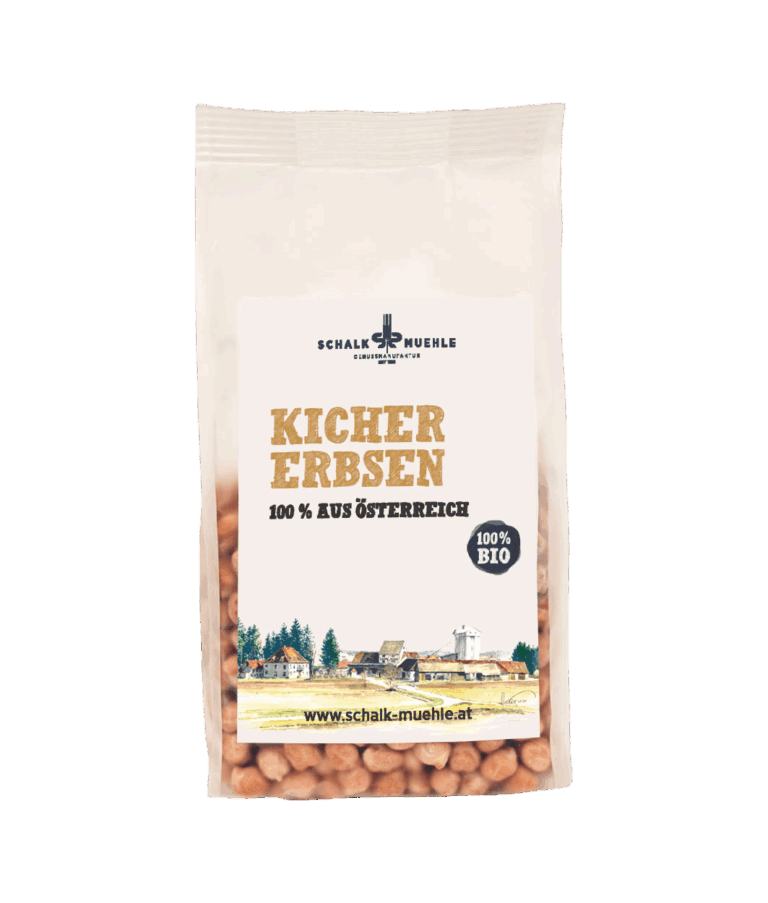 Schalk Mühle Bio Kichererbsen, Vorderseite der 300-g-Packung, 100 % aus Österreich
