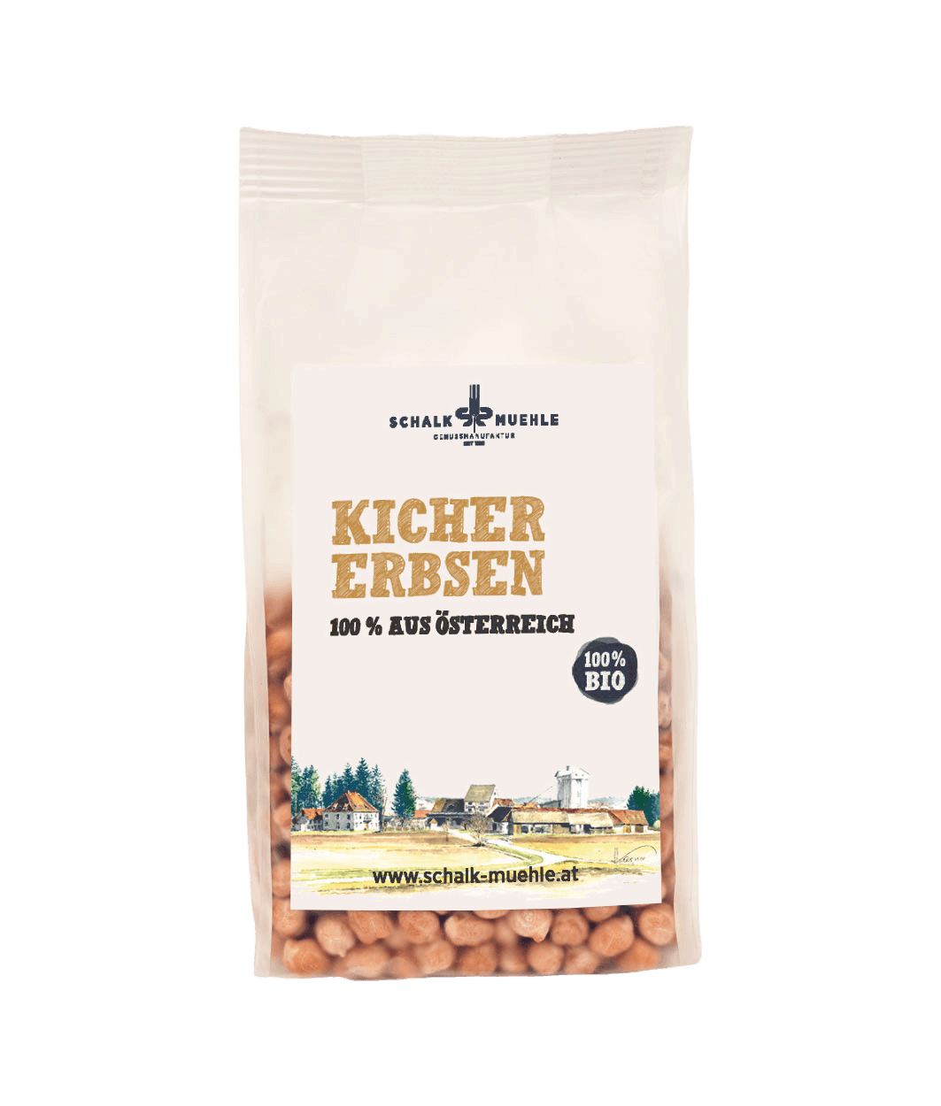Schalk Mühle Bio Kichererbsen, Vorderseite der 300-g-Packung, 100 % aus Österreich