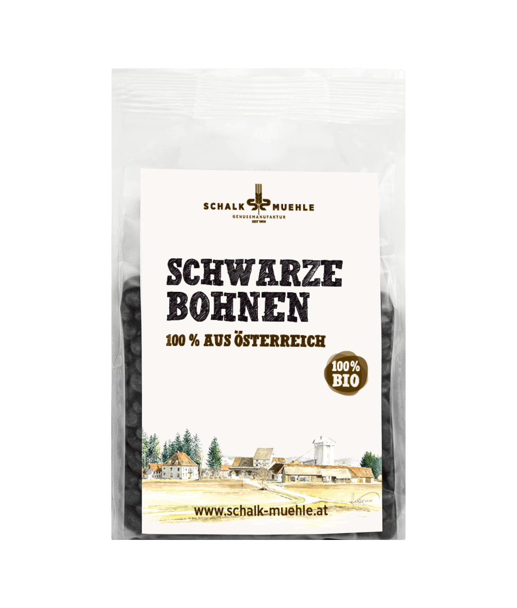 Schalk Mühle Bio Schwarze Bohnen 300 g, Vorderseite der Packung