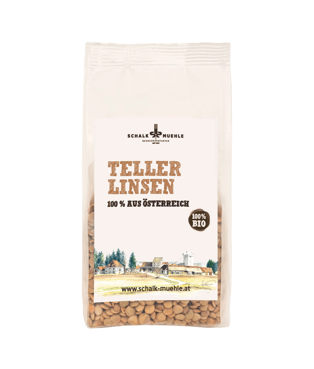 Schalk Mühle Bio Teller Linsen 300 g, Vorderseite der Packung