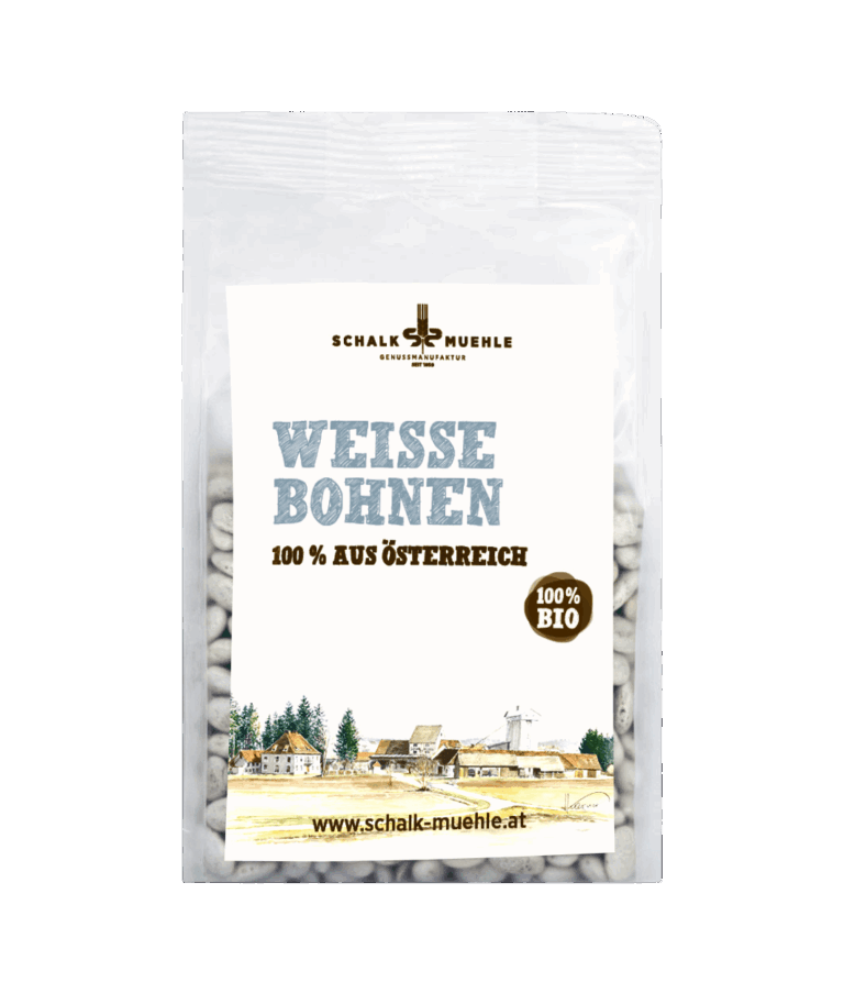 Schalk Mühle Bio Weiße Bohnen 300 g, Vorderseite der Packung