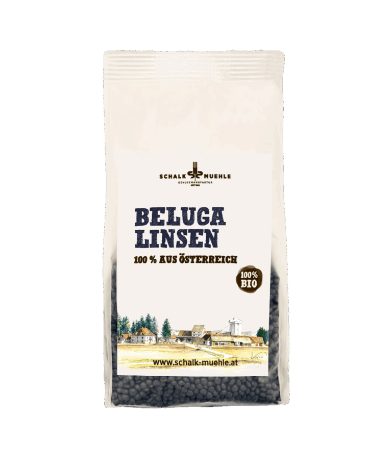 Schalk Mühle Bio Beluga Linsen 300 g, Vorderseite der Packung