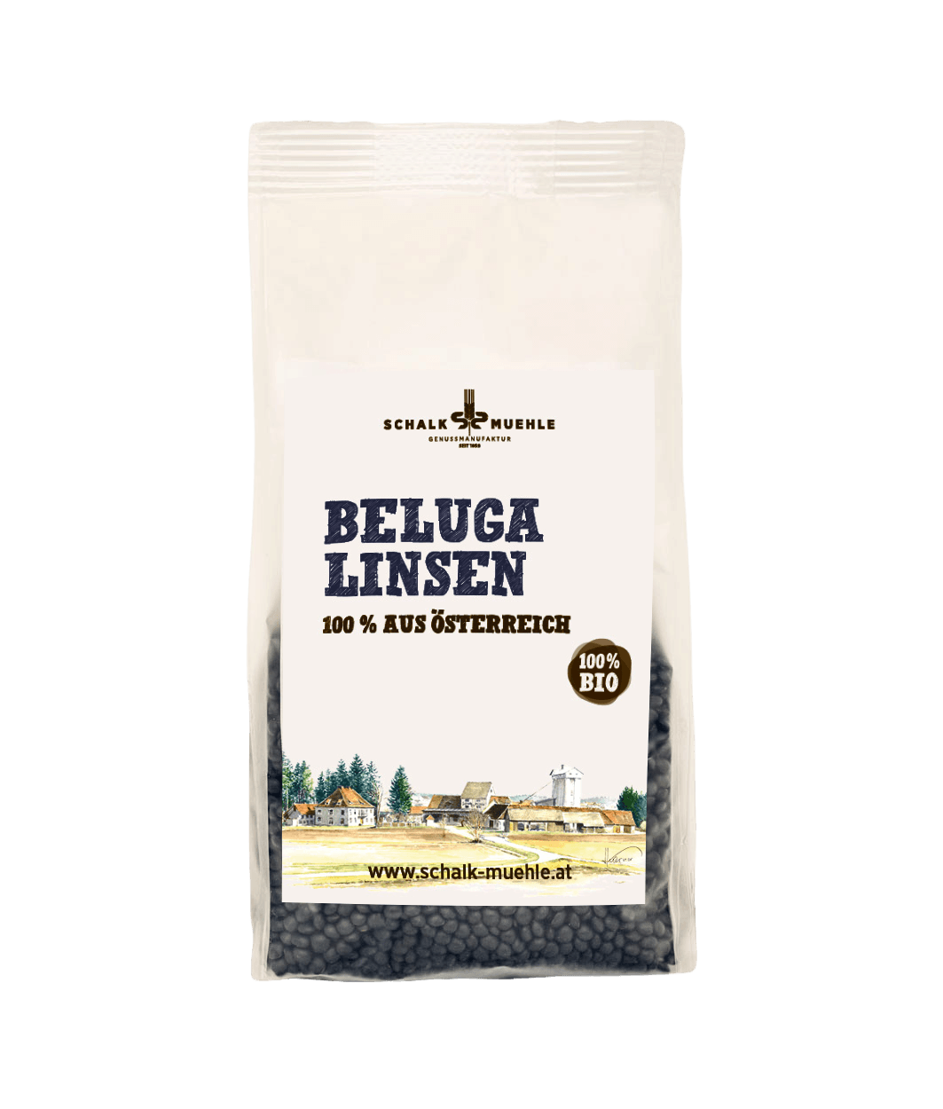 Schalk Mühle Bio Beluga Linsen 300 g, Vorderseite der Packung