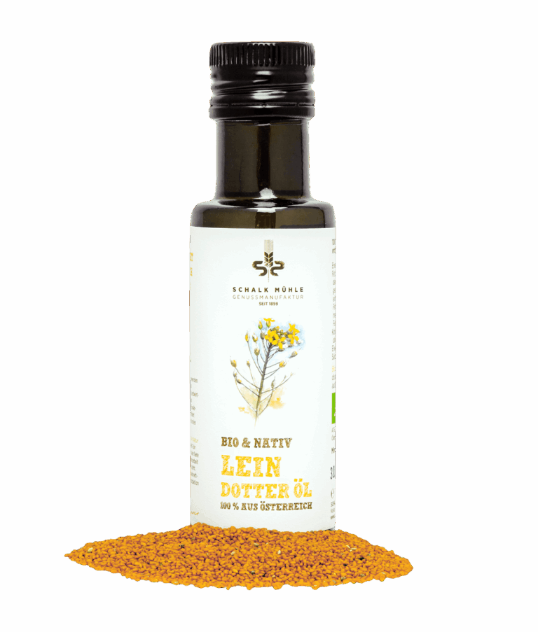 Bio Leindotteröl nativ der Schalk Mühle – Vorderseite der Verpackung, mit Saaten
