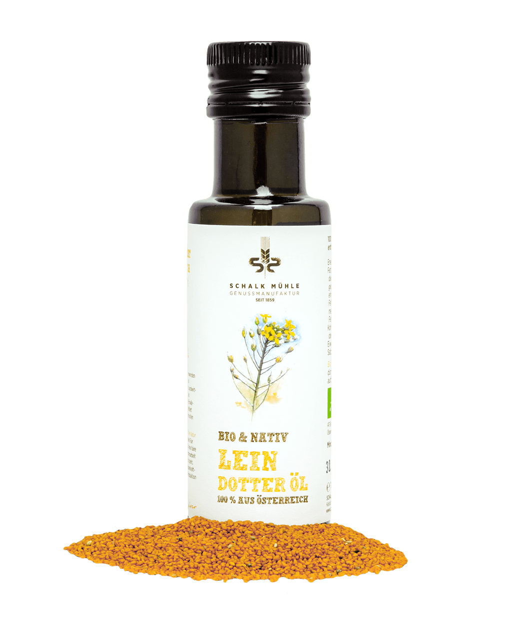 Schalk Mühle organic virgin camelina oil – front of the packaging, with seeds
