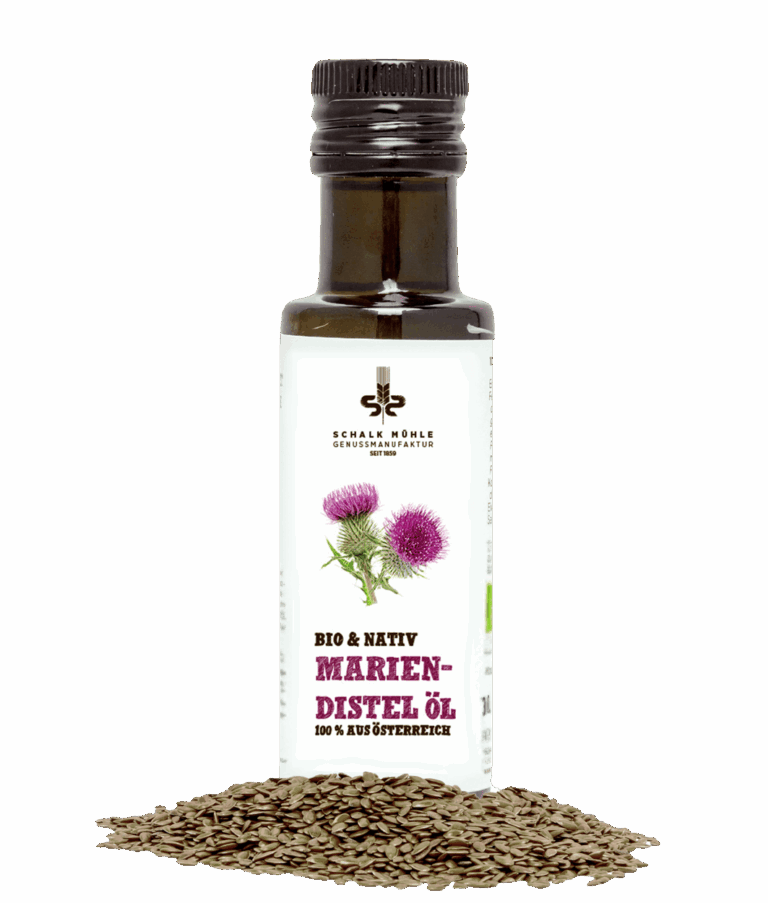 Schalk Mühle Bio Mariendistelöl nativ, Flaschen-Vorderseite mit Mariendistel-Illustration, davor Mariendistelsamen