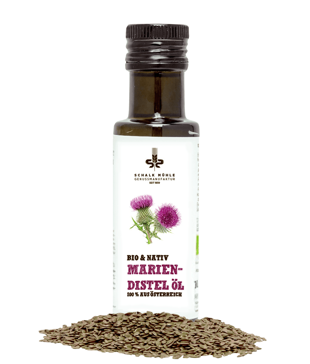 Schalk Mühle organic virgin milk thistle oil, bottle front with milk thistle illustration, milk thistle seeds in front