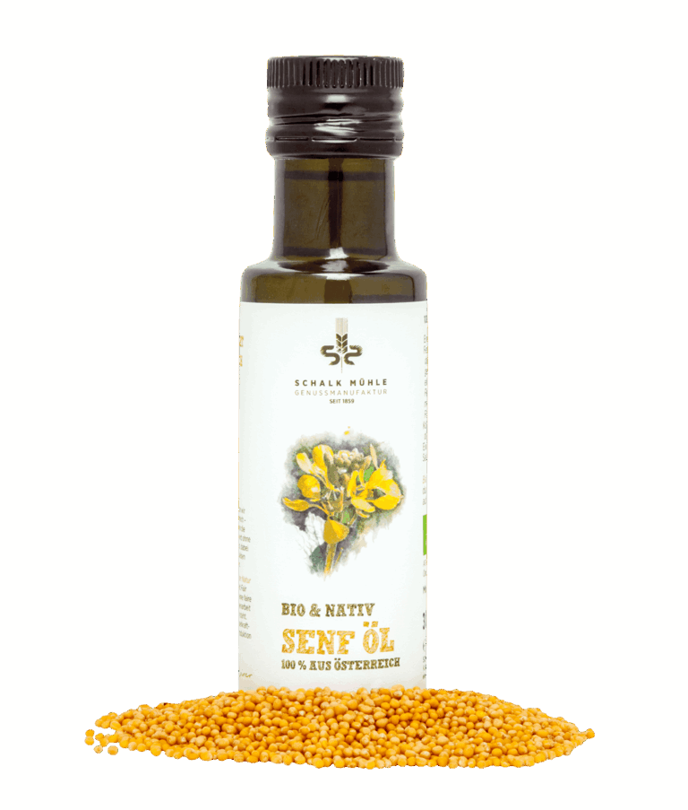 Schalk Mühle Bio Senföl nativ, Flaschen-Vorderseite mit Senfblüten-Illustration, davor gelbe Senfkörner