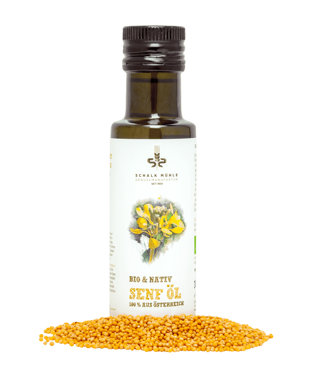 Schalk Mühle Organic Native Mustard Oil, front of bottle with mustard flower illustration, with yellow mustard seeds in front